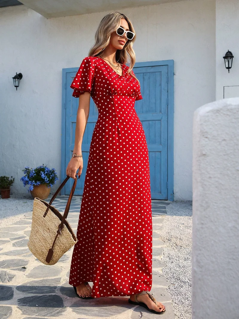Outzidr  Red V Neck Flared Sleeves Maxi Dress for Women | Best Price UAE